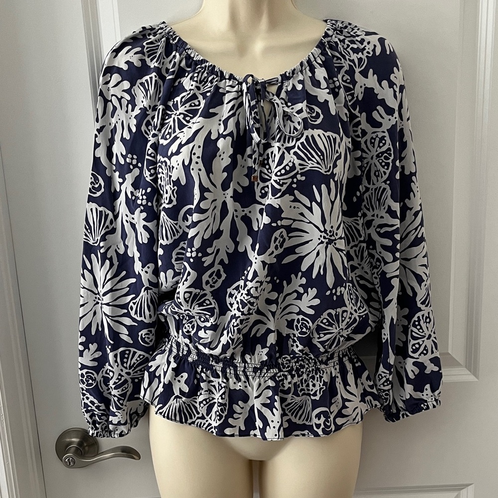 Lilly Pulitzer Silk Tricia Tie Neck  In the Groove Bright Navy and White VTG S